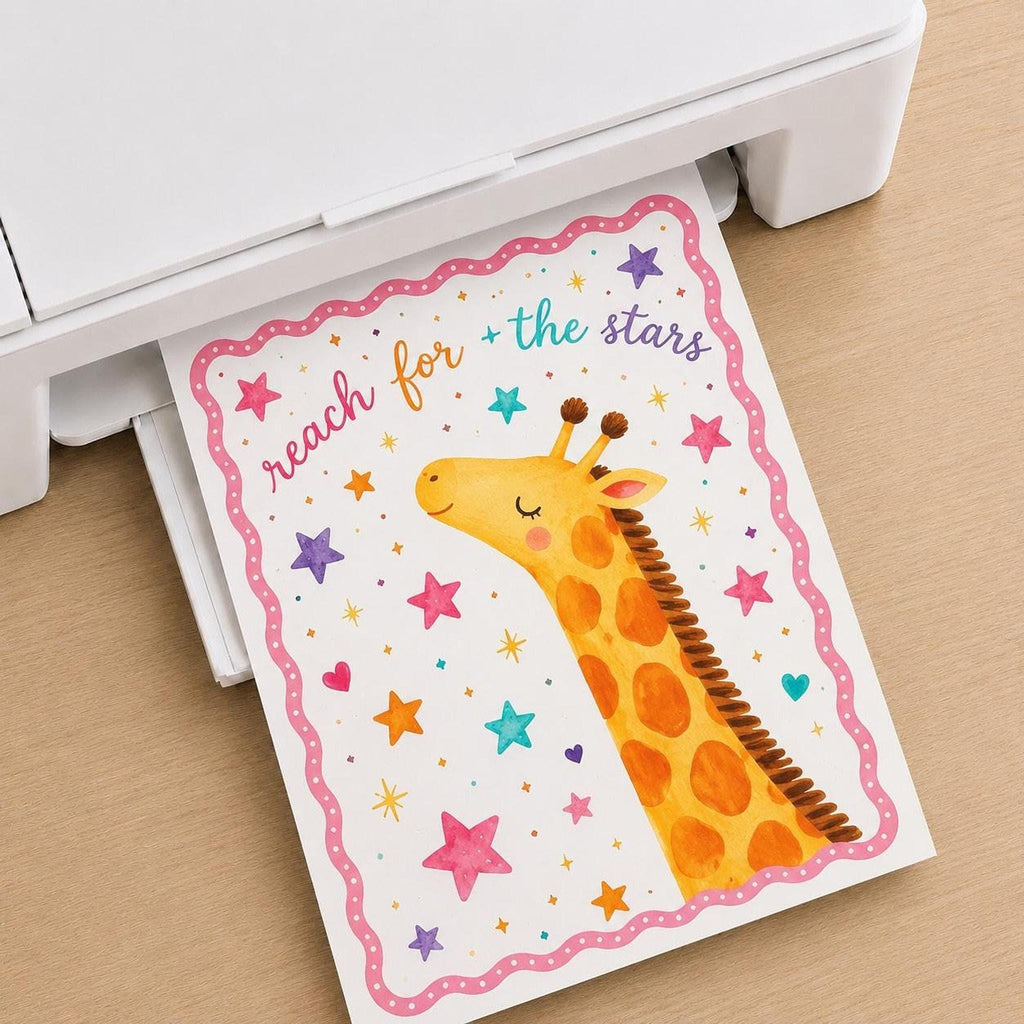 A white home printer feeds out a sheet of paper printed with an illustrated giraffe and the text reach for the stars.
