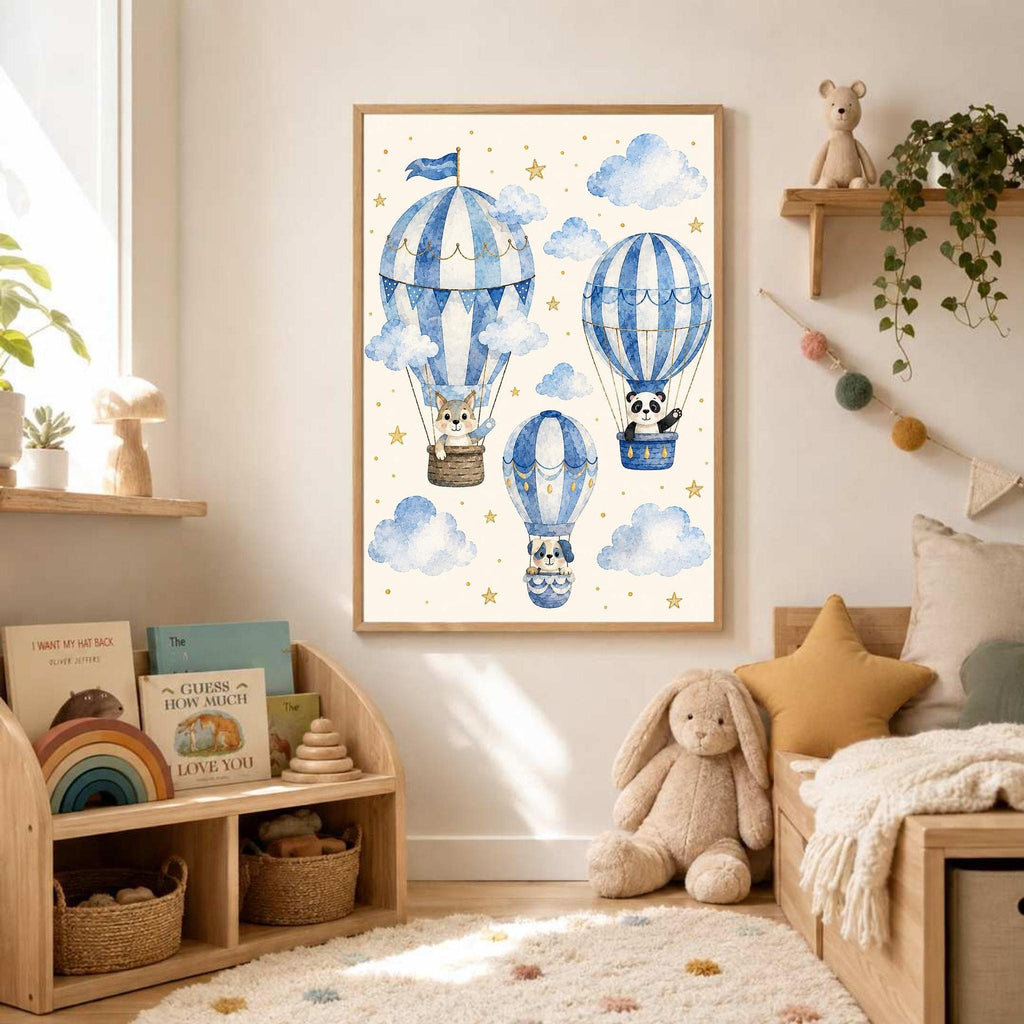 Framed watercolor art of blue hot air balloons with cute animal passengers hanging on a nursery wall above a toy shelf and rug.