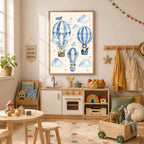 Child bedroom features a framed watercolor hot air balloon print on the wall above a wooden play kitchen and small table.