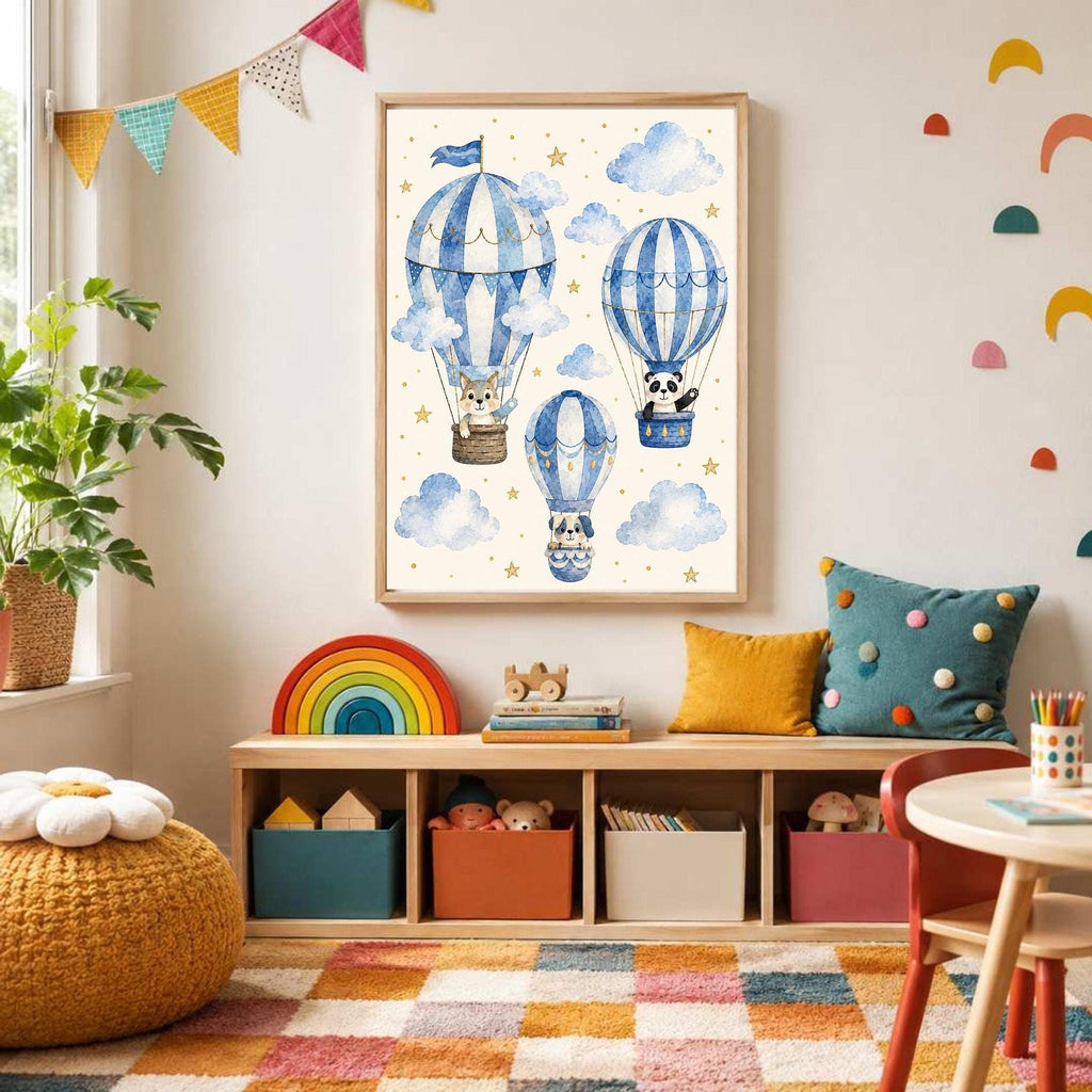Playroom wall displays a framed print of blue hot air balloons with animal passengers above a low wooden toy organizer and colorful rug.