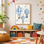 Playroom wall displays a framed print of blue hot air balloons with animal passengers above a low wooden toy organizer and colorful rug.