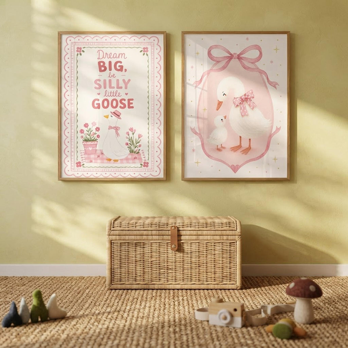 Goose Nursery Print Set Of 2, Pink Baby Girl Wall Art, A4/A3 Sizes shown in an AI-generated listing photo