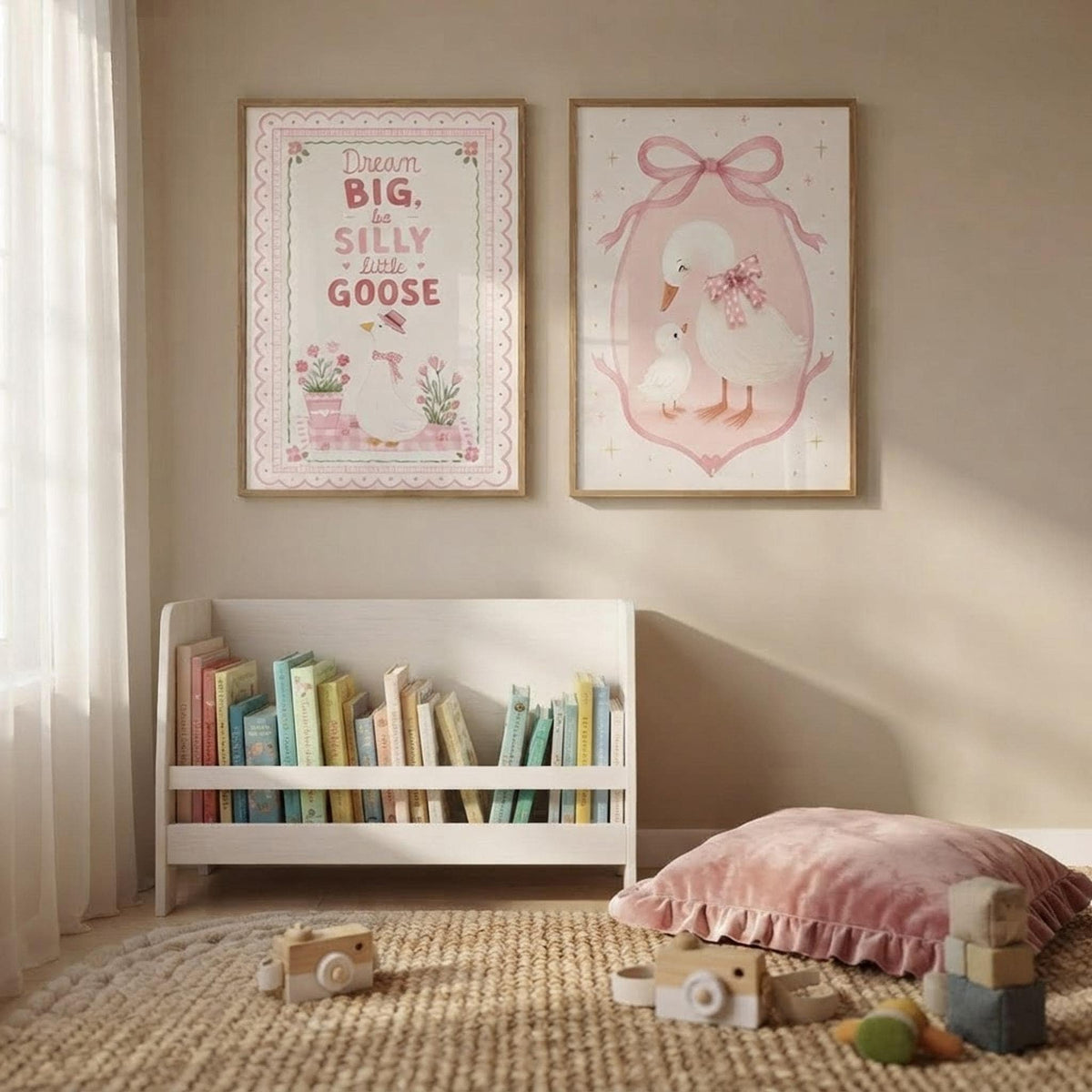 A cozy reading corner with a low white bookshelf, pink floor cushion, and the two goose nursery art prints hanging on the wall.