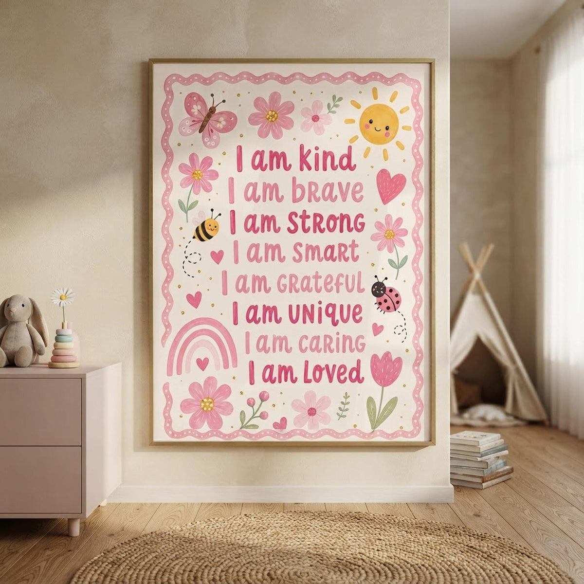 Affirmation Print for Kids, A4 or A3 Soft Pink Floral Nursery Decor shown in an AI-generated listing photo