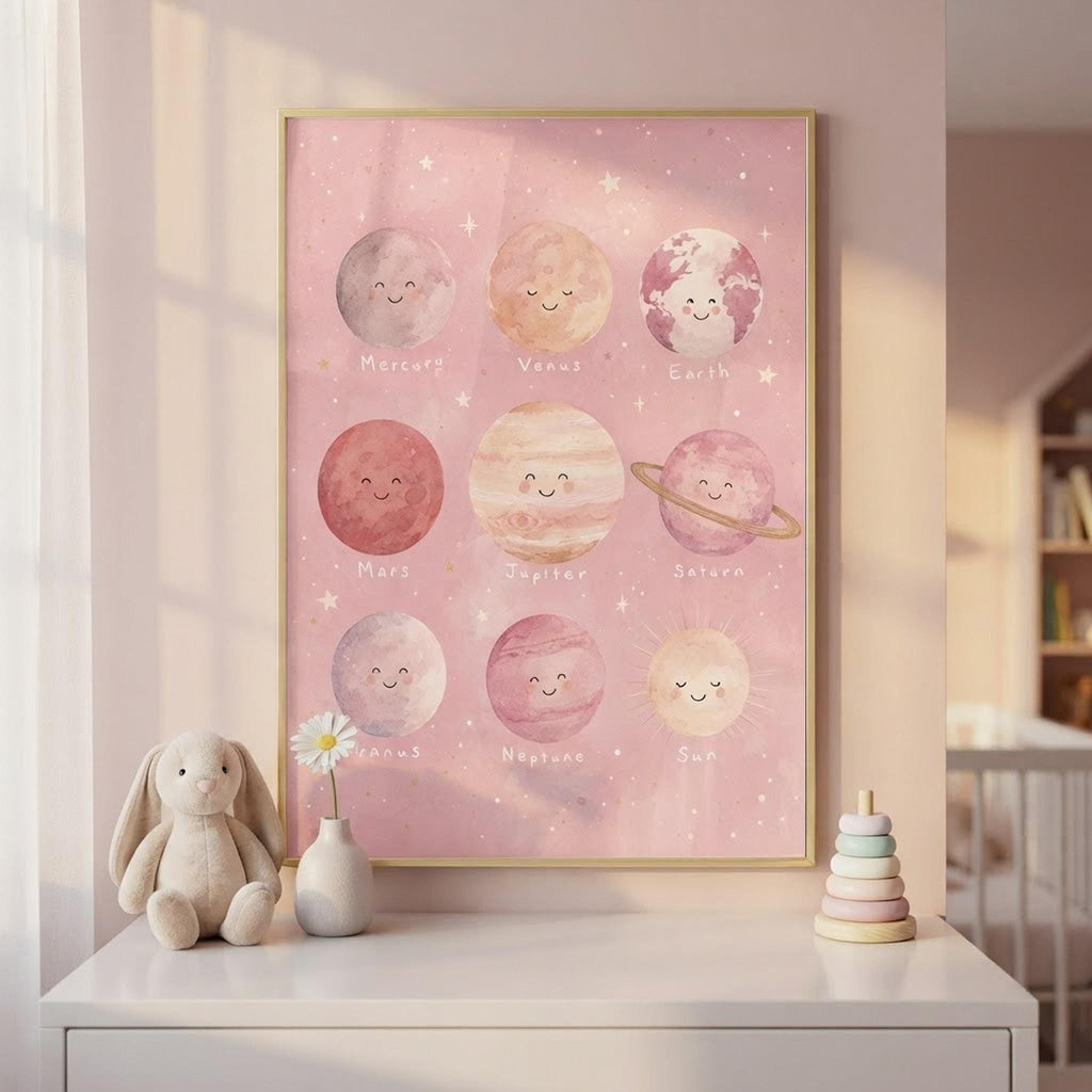 Pink Solar System Print, Pastel Planet Wall Decor, A4 A3 Educational Nursery Display shown in an AI-generated listing photo