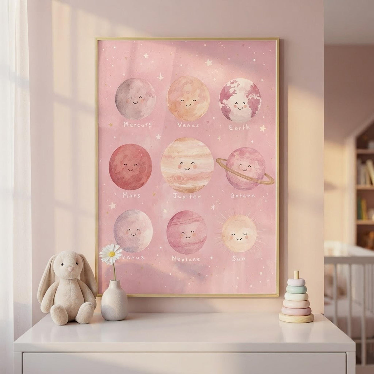 Pink Solar System Print, Pastel Planet Wall Decor, A4 A3 Educational Nursery Display shown in an AI-generated listing photo