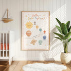 A framed solar system print hangs on a white paneled wall above a white crib, a small wooden sailboat, and a potted plant.