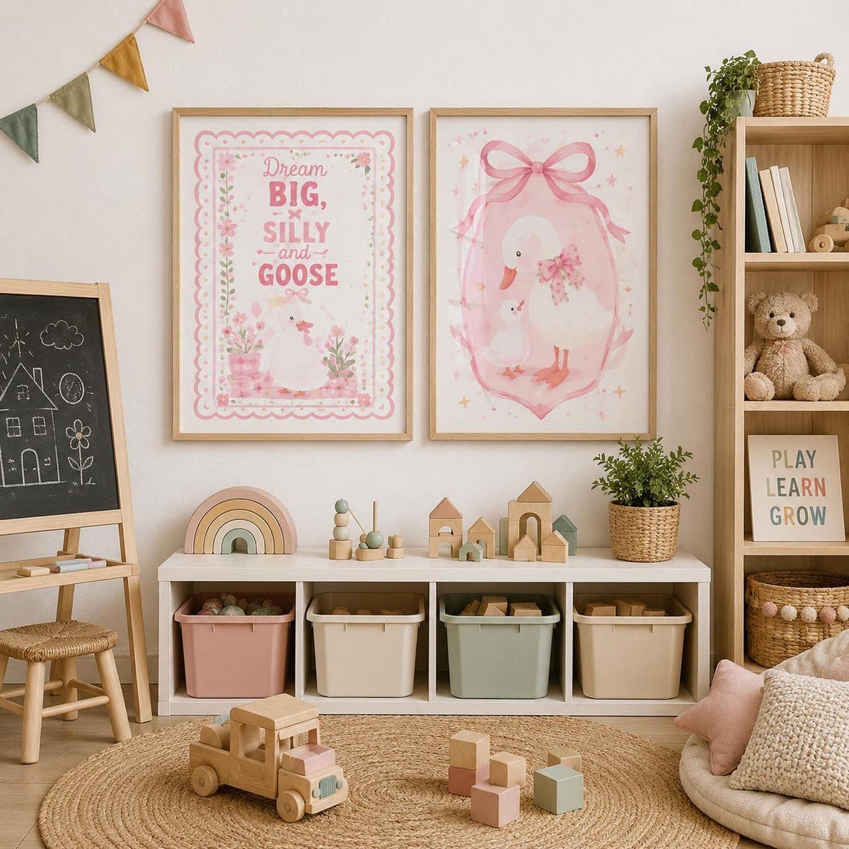 Set of two pink nursery wall prints featuring a “Dream Big, Be Silly and Goose” quote design and a matching goose illustration, displayed in light wood frames above toy storage in a pastel children’s playroom with wooden toys, chalkboard, books and soft neutral decor.