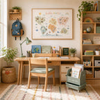 Hello World children’s world map print displayed above a wooden study desk in a bright learning nook, styled with books, pencils, globe-inspired decor, storage shelves, plants, pastel accessories and natural wood furniture.
