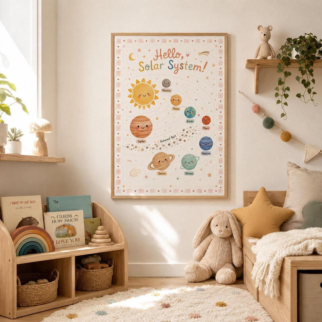 Hello Solar System children’s educational wall print displayed in a light wood frame in a cosy nursery or playroom corner, styled with children’s books, rainbow toy, woven baskets, plush bunny, soft cushions and warm neutral decor.