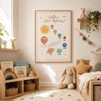 Hello Solar System children’s educational wall print displayed in a light wood frame in a cosy nursery or playroom corner, styled with children’s books, rainbow toy, woven baskets, plush bunny, soft cushions and warm neutral decor.