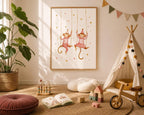 Pink circus monkey wall print displayed in a light wood frame in a cosy children’s playroom reading corner, styled with a teepee, floor cushions, wooden blocks, bead maze, ride-on toy, books, plants and warm neutral decor.