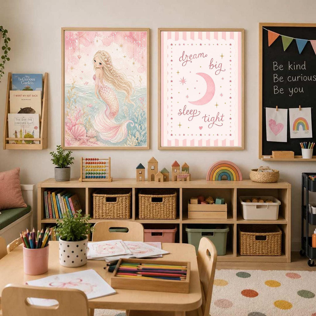 Reading Nook Decor, Pink Nursery Print Set of 2, Mermaid Wall Art, A4/A3