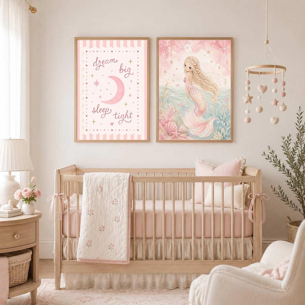 Reading Nook Decor, Pink Nursery Print Set of 2, Mermaid Wall Art, A4/A3