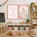 Reading Nook Decor, Pink Nursery Print Set of 2, Mermaid Wall Art, A4/A3