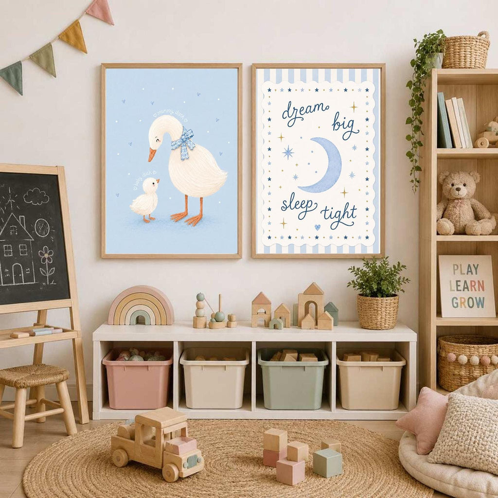 Blue Nursery Prints, Set Of 2 Duck Art, A4 Or A3 Sizes