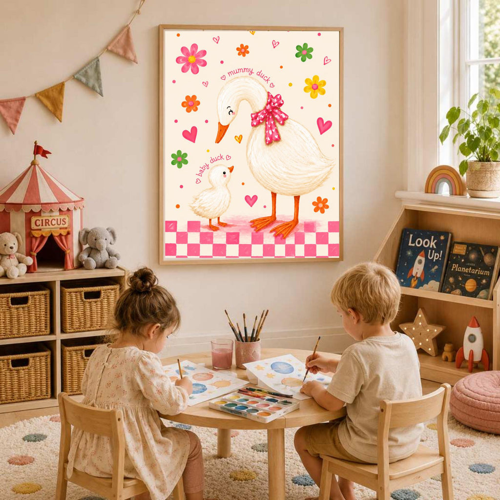 Duck Nursery Print, Mummy And Baby Illustration, Floral Pink Gingham Border