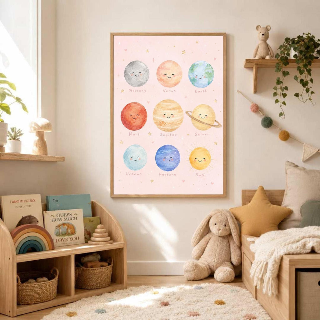 Pink Solar System Print, Planet Nursery Poster, Girls Space Bedroom Decor, Educational Planet Wall Art, Astronomy Nursery Print