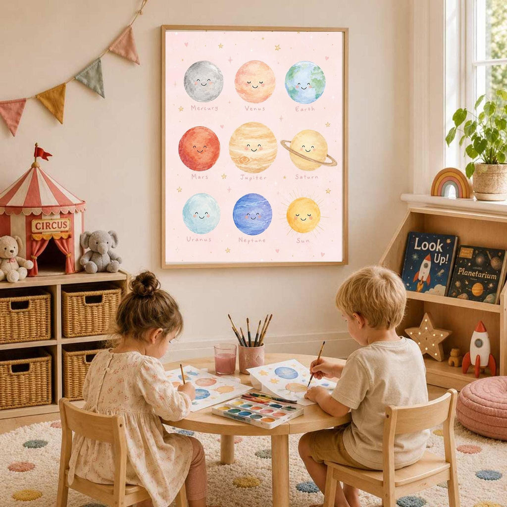 Pink Solar System Print, Planet Nursery Poster, Girls Space Bedroom Decor, Educational Planet Wall Art, Astronomy Nursery Print