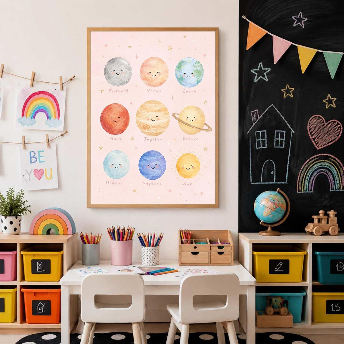 Pink Solar System Print, Planet Nursery Poster, Girls Space Bedroom Decor, Educational Planet Wall Art, Astronomy Nursery Print
