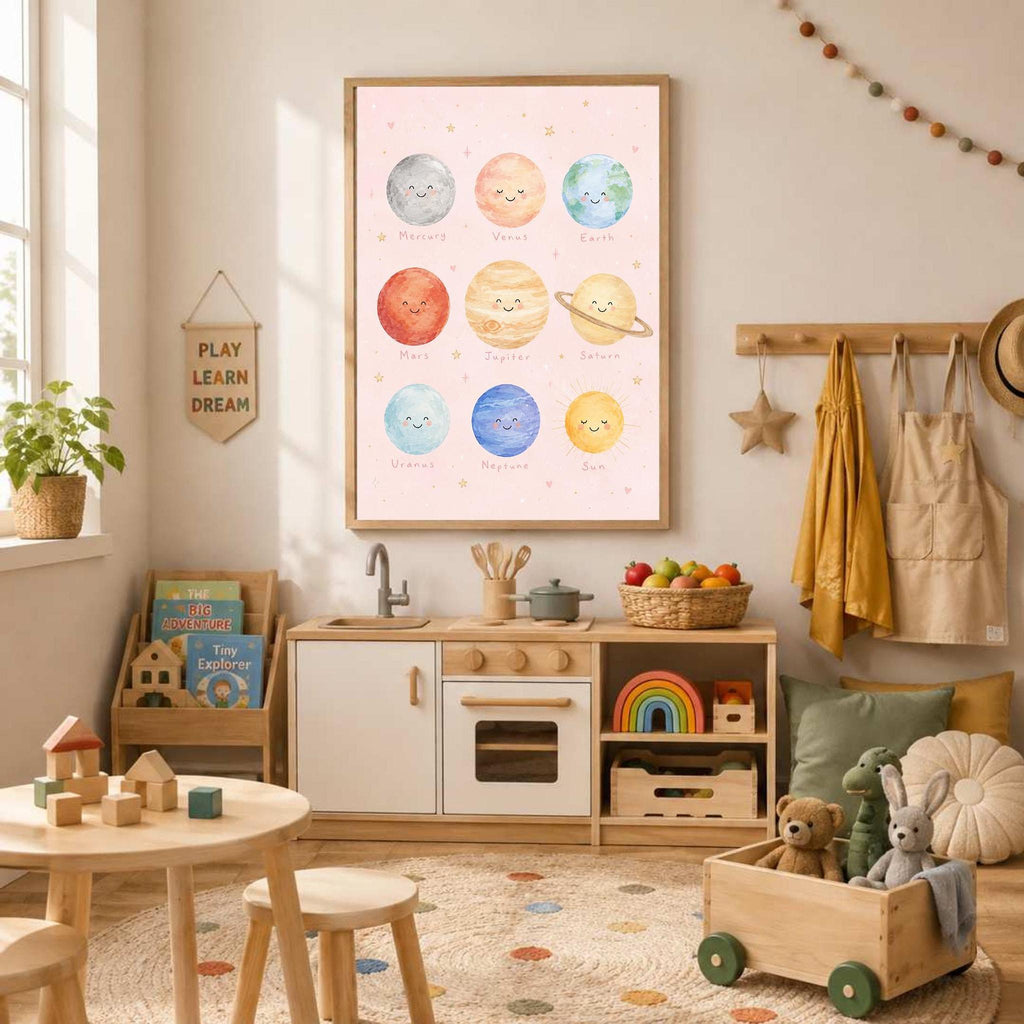 Pink Solar System Print, Planet Nursery Poster, Girls Space Bedroom Decor, Educational Planet Wall Art, Astronomy Nursery Print
