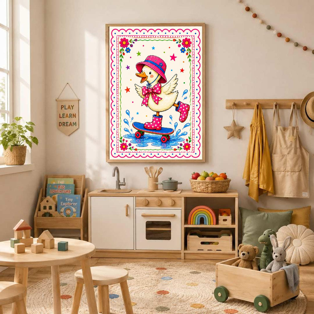 A framed art print of a cartoon duck wearing a pink hat, bow, and polka-dot boots while skateboarding on water, mounted on a wall above a child's wooden play kitchen in a decorated playroom.