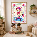 A framed art print of a duck in a pink hat skateboarding, mounted above two children sitting on a rug and reading a book together in a room with a toy basket and wooden blocks.