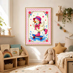 A framed art print of the skateboarding duck in pink boots hanging on a bedroom wall above a low shelf with books, next to a bed with a stuffed rabbit and star pillow.