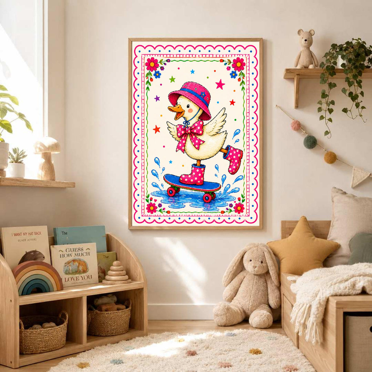 A framed art print of the skateboarding duck in pink boots hanging on a bedroom wall above a low shelf with books, next to a bed with a stuffed rabbit and star pillow.