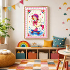 A framed art print of a duck skateboarding over water displayed on a wall above a low storage cubby filled with toys and books in a colorful child's room.