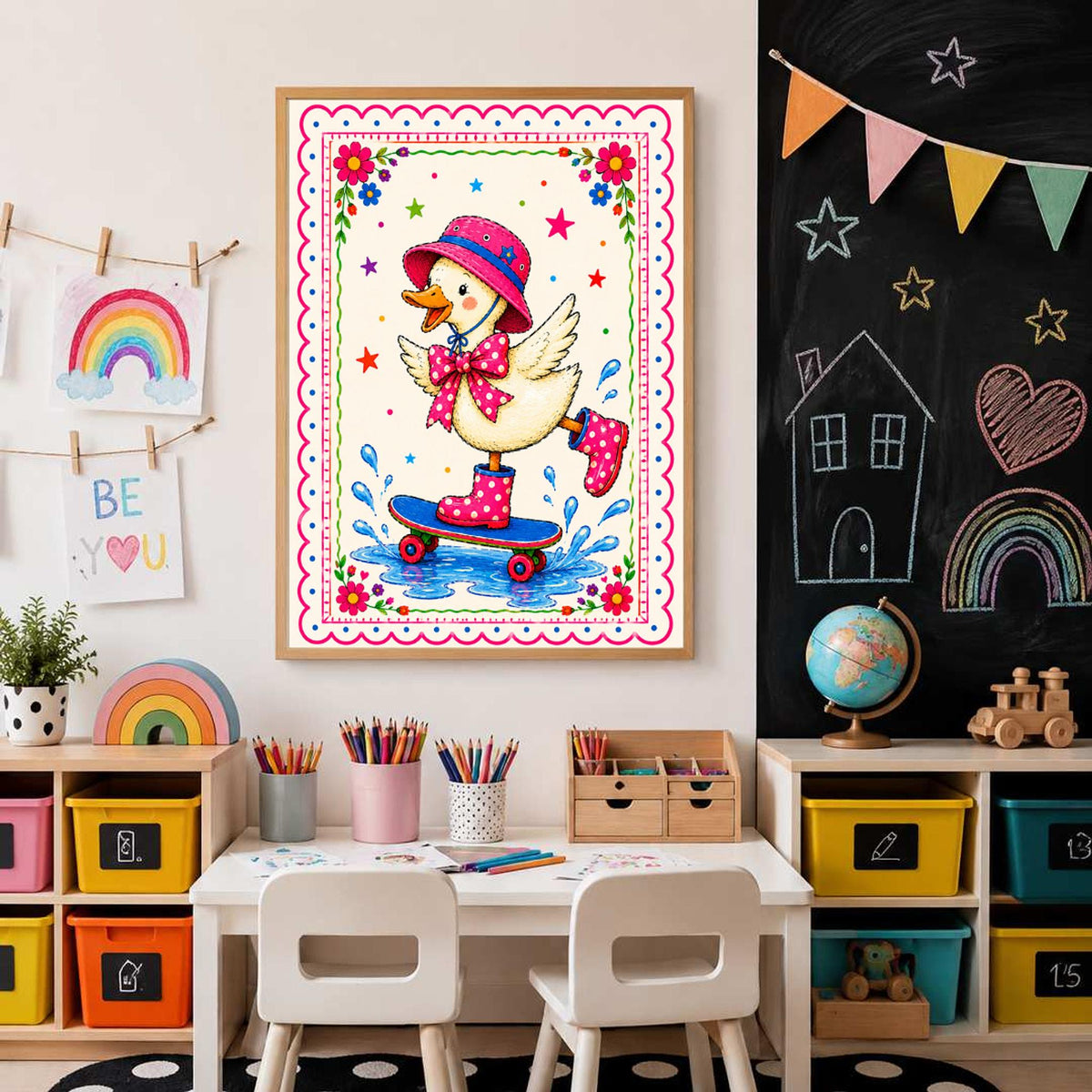 A framed print of the skateboarding duck centered on a wall above a children's table and chairs, flanked by a hanging rainbow drawing and a chalkboard with chalk art.