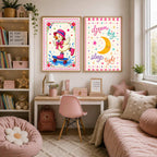 Two framed prints hanging side by side on a wall above a desk and bed, with the left print showing the skateboarding duck and the right print featuring a smiling crescent moon and the text dream big sleep tight.