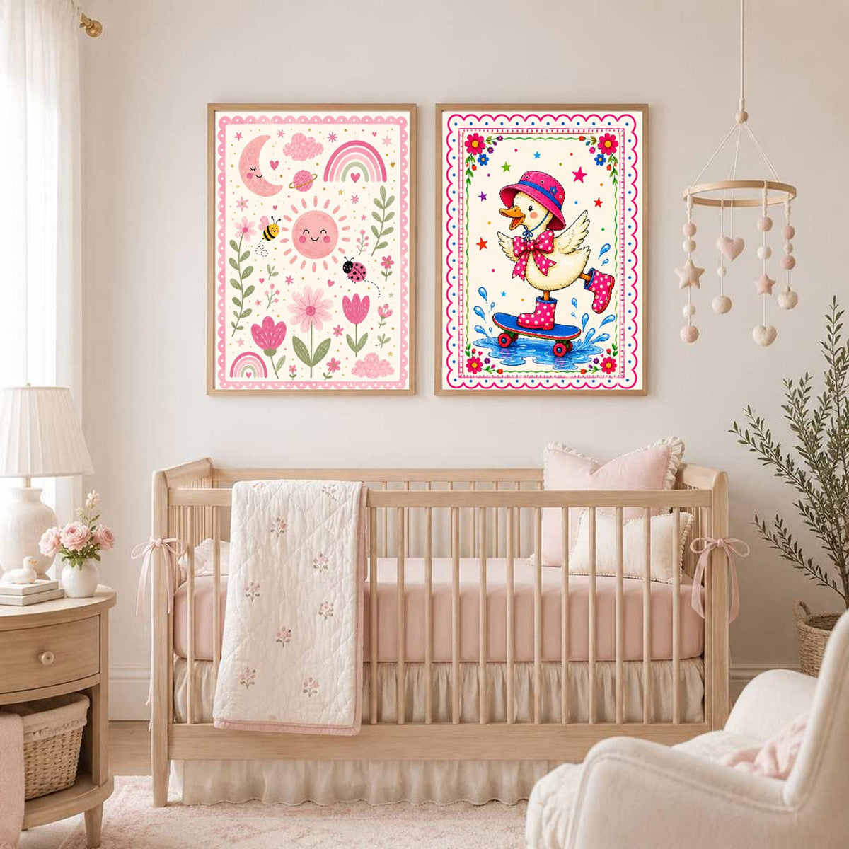 Two framed art prints hanging above a baby crib, with the left print showing a pink nature scene with a sun and flowers, and the right print showing the skateboarding duck.
