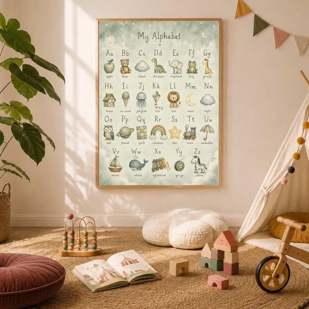 Neutral Alphabet Nursery Print, ABC Educational Wall Art, Sage Green Kids Learning Poster, Woodland Nursery Decor, A4 A3