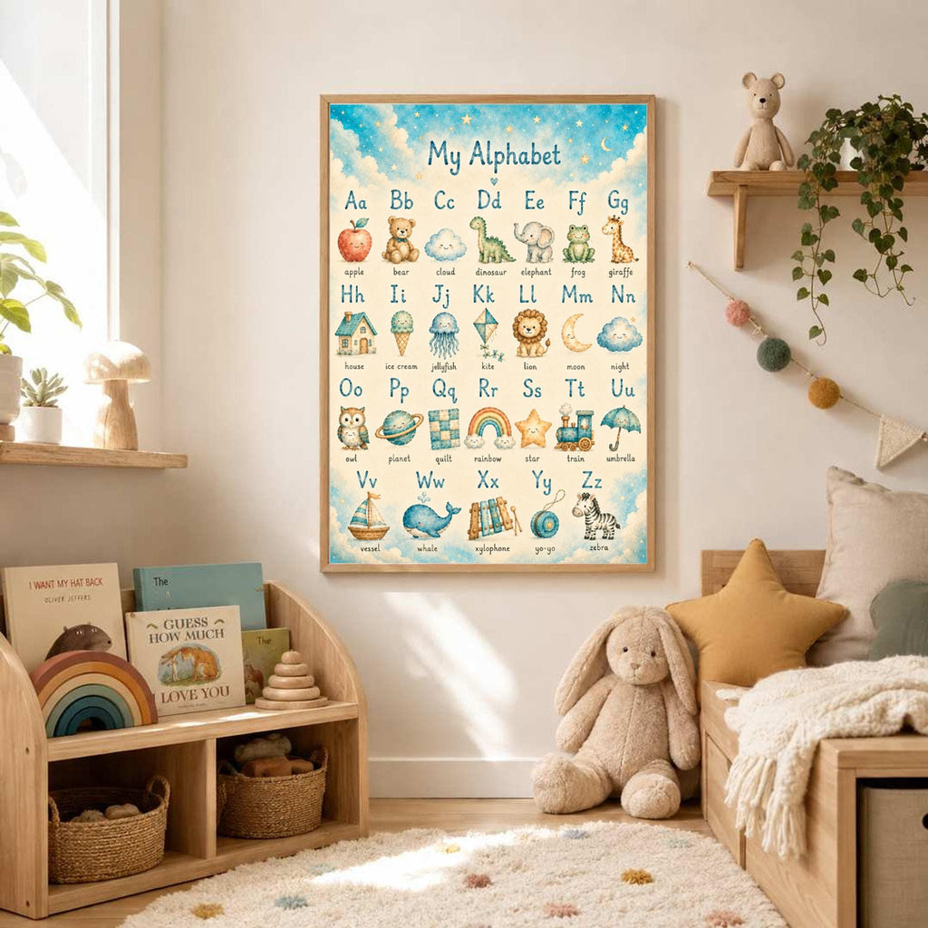 A framed alphabet poster hangs on a white wall above a children's bookshelf and a cozy reading corner with a plush bunny.