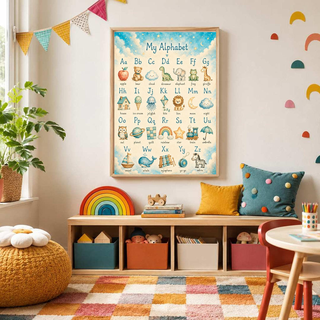 A framed alphabet print hangs above a low wooden cubby shelf containing toys, next to a colorful playroom rug and a hanging banner.