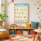 A framed alphabet print hangs above a low wooden cubby shelf containing toys, next to a colorful playroom rug and a hanging banner.