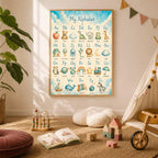 A framed alphabet print hangs on a light wall above a child's bedroom featuring a teepee, wooden toys, and a plush white rug.