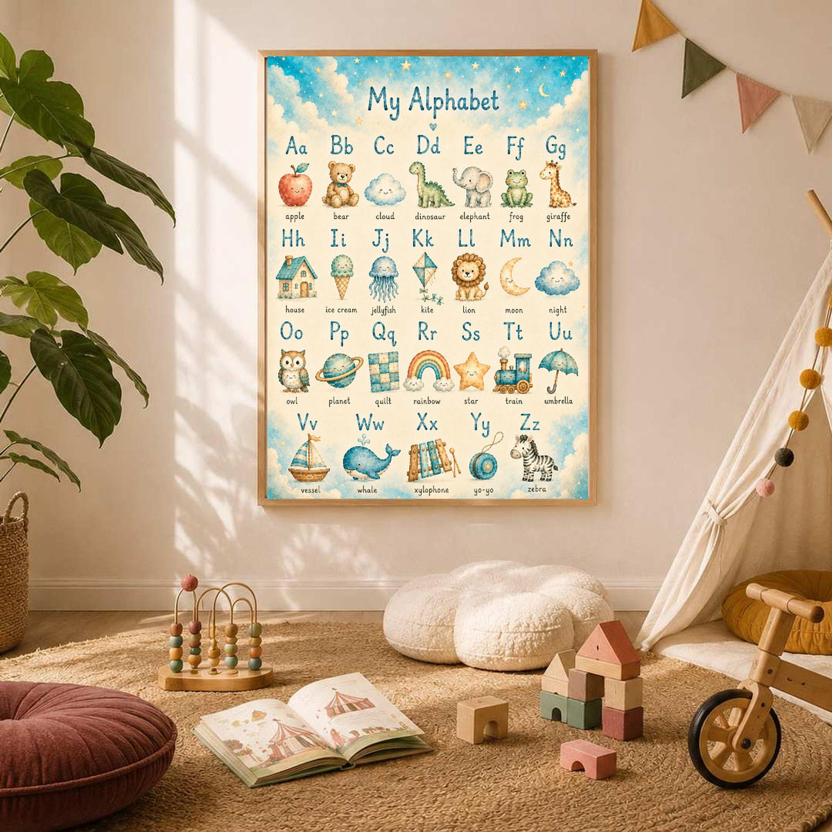 A framed alphabet print hangs on a light wall above a child's bedroom featuring a teepee, wooden toys, and a plush white rug.
