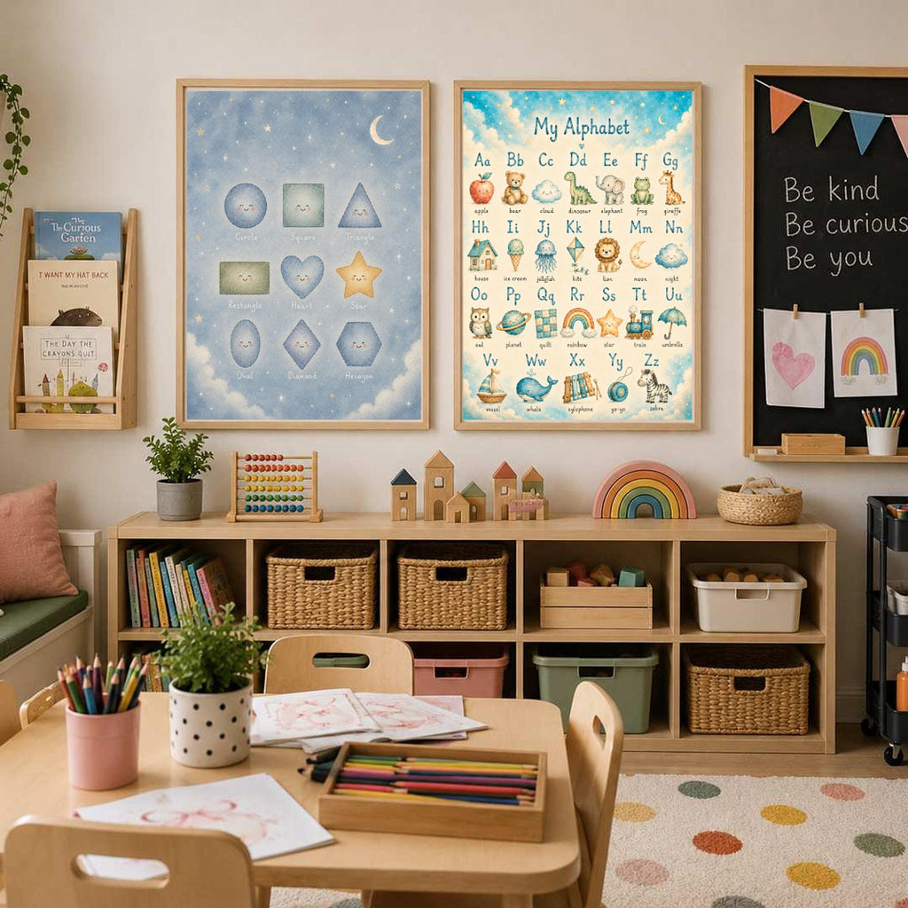 Two framed prints featuring an alphabet chart and geometric shapes hang on a wall above a wooden shelving unit filled with children's books and toys.