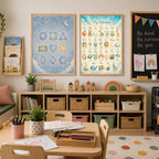 Two framed prints featuring an alphabet chart and geometric shapes hang on a wall above a wooden shelving unit filled with children's books and toys.