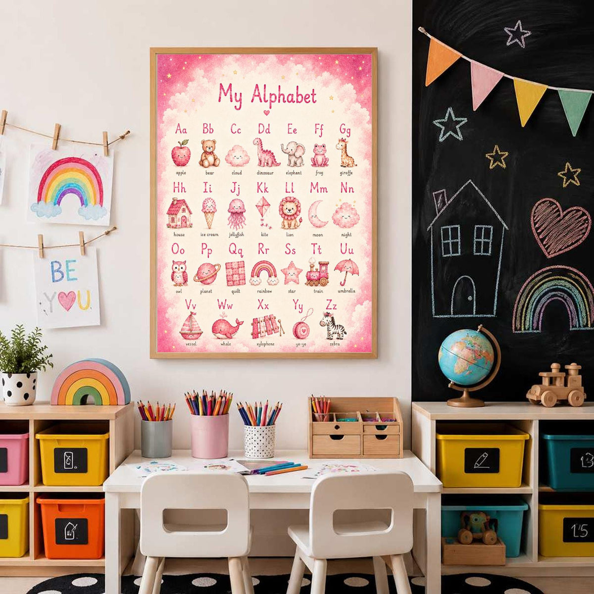 A framed pink alphabet poster is displayed on a wall between child art and a chalkboard with colorful bunting.