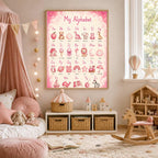 A pink alphabet poster is mounted on a wall above a low storage unit and rocking horse in a nursery.