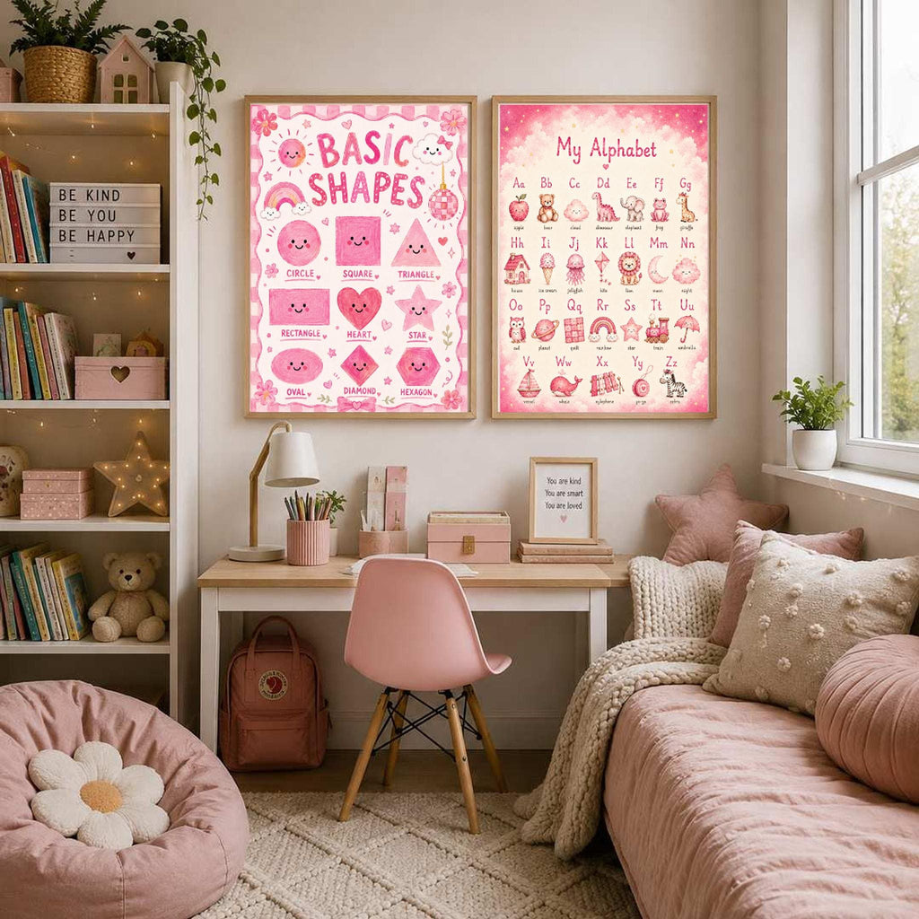 A framed shape poster and a framed alphabet poster hang side by side above a desk and daybed.