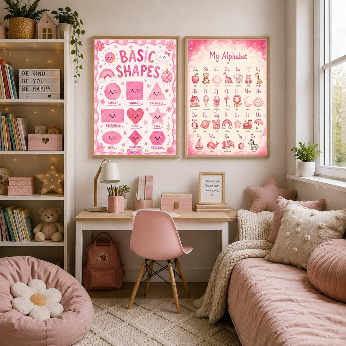 A framed shape poster and a framed alphabet poster hang side by side above a desk and daybed.
