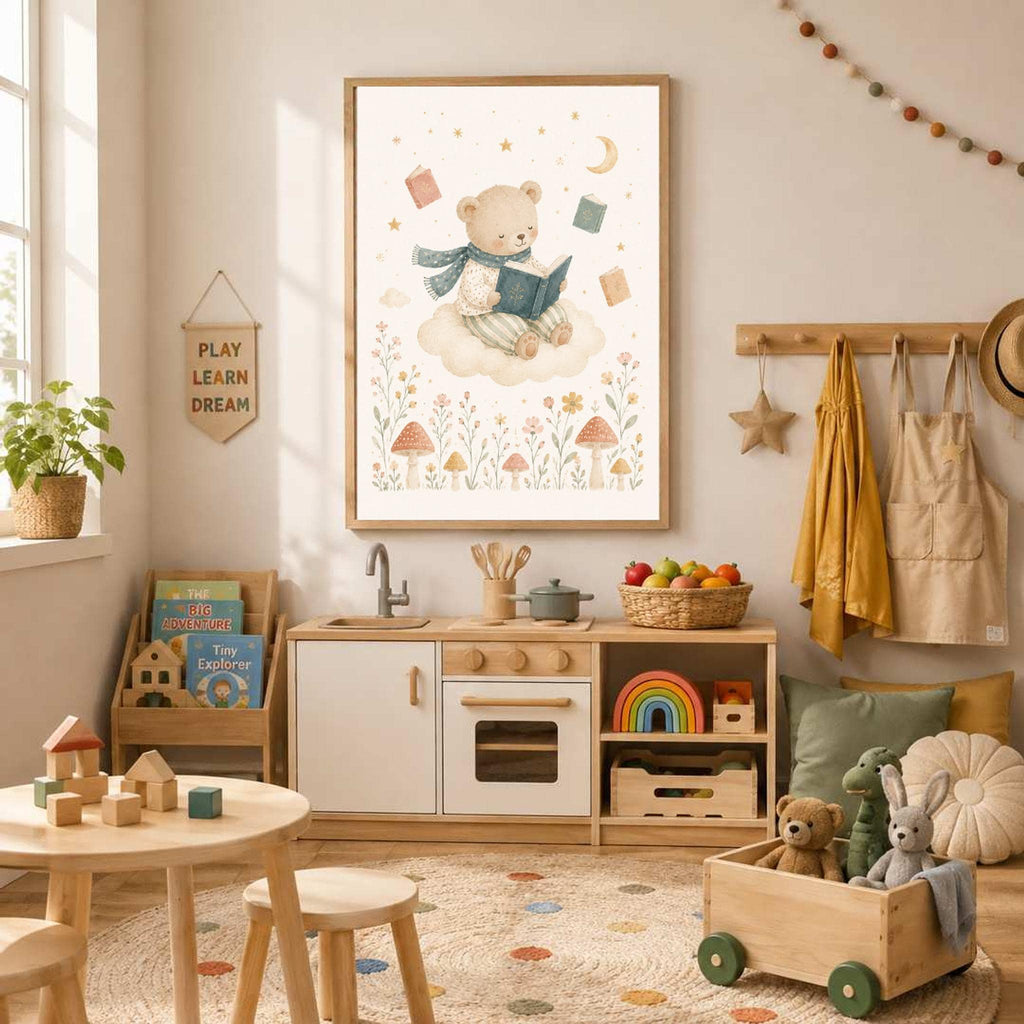 A framed watercolor print of a teddy bear reading a book on a cloud hangs above a children's play kitchen in a sunny room.