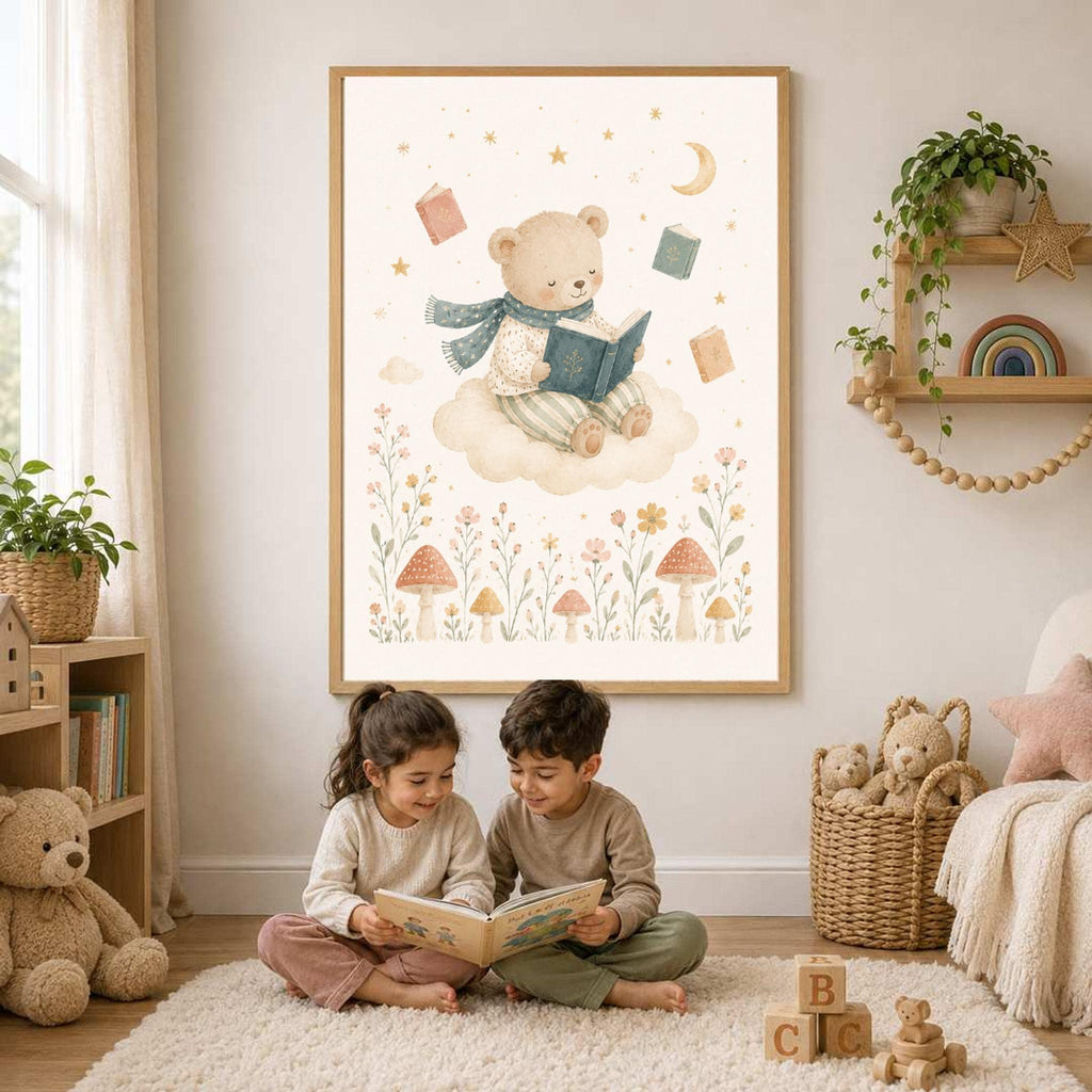 Two children sit on a rug reading a book beneath a framed watercolor print of a teddy bear on a cloud.