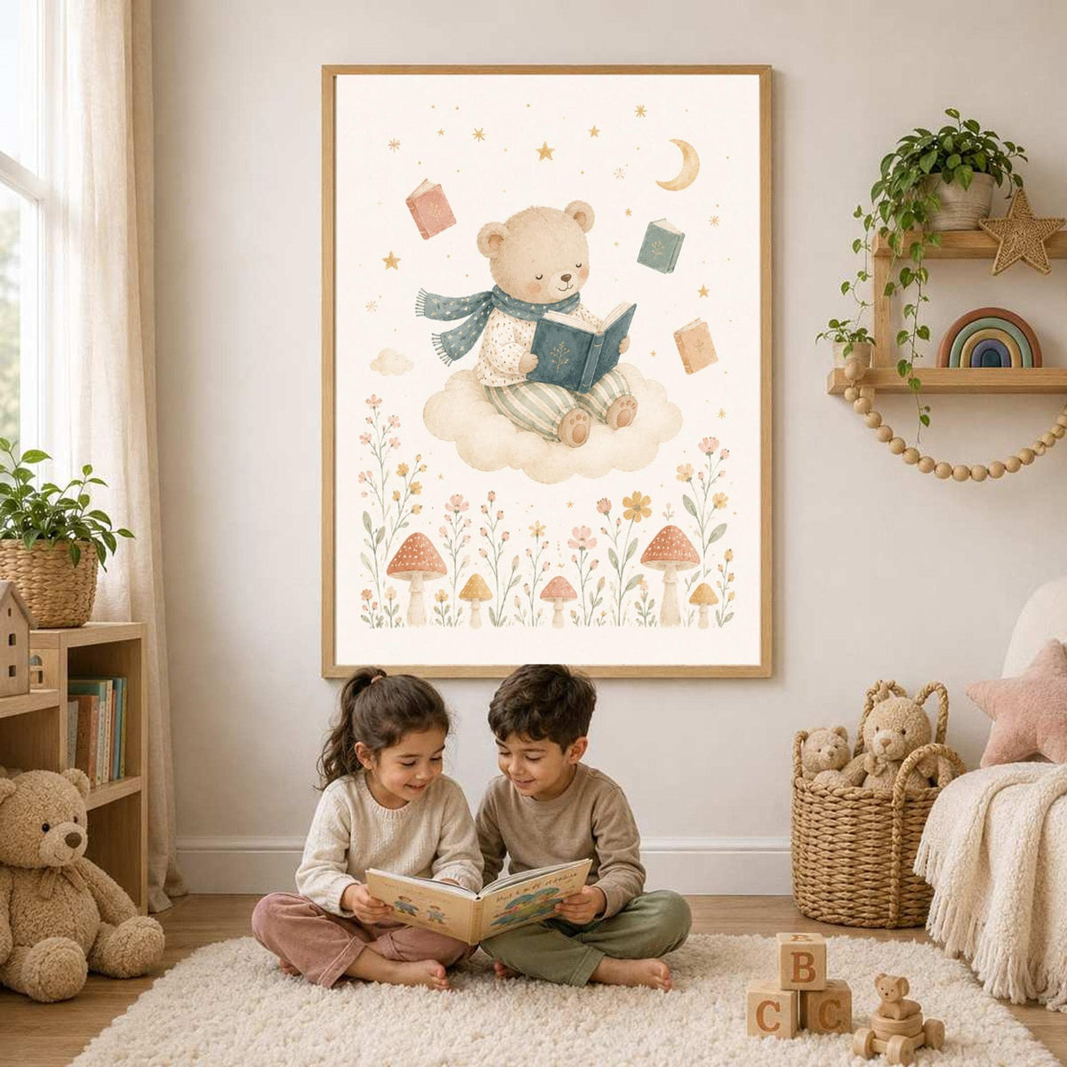 Two children sit on a rug reading a book beneath a framed watercolor print of a teddy bear on a cloud.