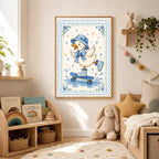 A framed watercolor illustration of a duck in a blue hat and rain boots skateboarding through puddles is mounted on a nursery wall above a toy shelf and teddy bear.