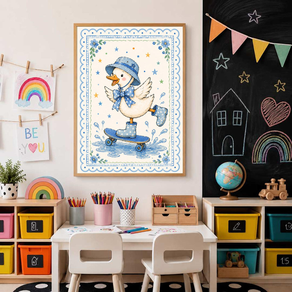 A framed watercolor picture of a duck riding a skateboard in boots and a blue hat hangs above a children's craft table with art supplies and a chalkboard wall.